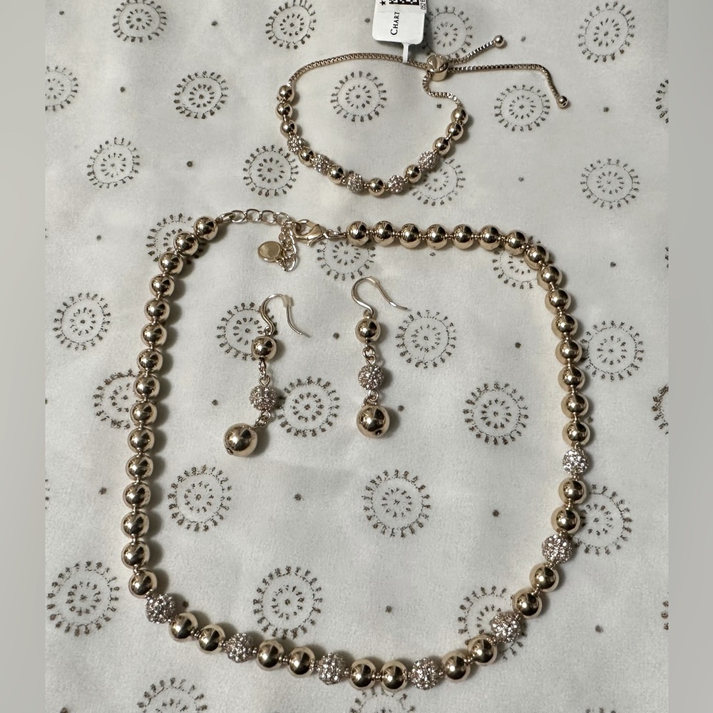 Gold bead and fireball rhinestone necklace earring and bracelet set